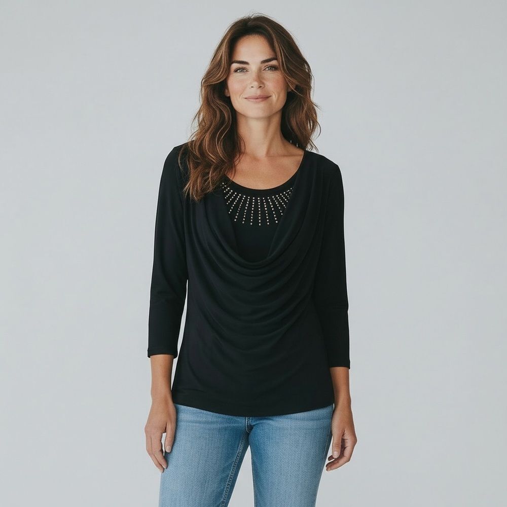 Candid Soul Solid Black Drape-Front Studded Neck Top Quarter Sleeve Blouse XL